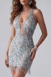Robe cocktail courte courte et moulante dorsal gris-bleu bleu scintillante