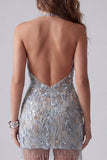 Robe cocktail courte courte et moulante dorsal gris-bleu bleu scintillante