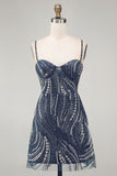Robe cocktail courte à bretelles épaisses de bleu marine scintillante