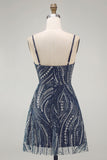Robe cocktail courte à bretelles épaisses de bleu marine scintillante