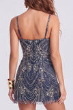Robe cocktail courte à bretelles épaisses de bleu marine scintillante