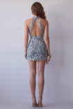 Robe cocktail à dos nus gris bleu scintillant courte perlée