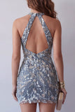Robe cocktail à dos nus gris bleu scintillant courte perlée