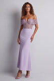 Robe de cérémonie sirène scintillante dénudée d’épaules dénudées violet clair