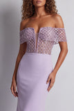 Robe de cérémonie sirène scintillante dénudée d’épaules dénudées violet clair