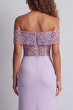 Robe de cérémonie sirène scintillante dénudée d’épaules dénudées violet clair