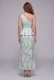 Robe formelle de sirène fleurie vert clair sur une épaule