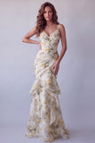 Robe formelle à bretelles florales jaune clair à bretelles fines en forme de sirène à volants