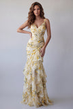 Robe formelle à bretelles florales jaune clair à bretelles fines en forme de sirène à volants