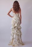 Robe formelle à bretelles florales jaune clair à bretelles fines en forme de sirène à volants