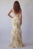 Robe formelle à bretelles florales jaune clair à bretelles fines en forme de sirène à volants