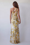 Robe formelle de cérémonie fleurie jaune clair à plis en jaune clair