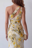 Robe formelle de cérémonie fleurie jaune clair à plis en jaune clair