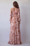 Robe fleurie rose à manches longues à manches longues à une épaule avec fente