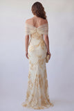 Robe formelle de sirène brodée jaune clair aux épaules dénudées