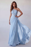 Robe formelle en mousseline appliquetique bleu ciel à une épaule avec serpentin