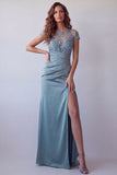 Robe formelle à manches courtes à manches courtes transparente à motifs floraux transparentes gris-bleu