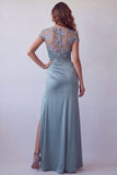 Robe formelle à manches courtes à manches courtes transparente à motifs floraux transparentes gris-bleu