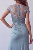 Robe formelle à manches courtes à manches courtes transparente à motifs floraux transparentes gris-bleu