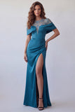 Robe formelle de sirène en satin transparent bleu paon dénudée