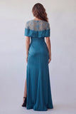 Robe formelle de sirène en satin transparent bleu paon dénudée