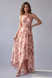Robe formelle rose fleurie A Line à une épaule
