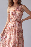 Robe formelle rose fleurie A Line à une épaule