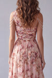 Robe formelle rose fleurie A Line à une épaule