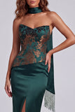 Robe formelle fourreau vert foncé sans bretelles avec bustier