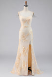 Robe formelle de sirène florale jaune clair avec sangles en chaîne en strass