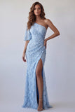 Robe formelle de sirène appliquée bleu ciel à une épaule