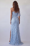 Robe formelle de sirène appliquée bleu ciel à une épaule