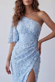Robe formelle de sirène appliquée bleu ciel à une épaule