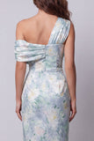 Robe formelle fourreau fleural vert clair à une épaule