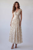 Robe formelle champagne ligne A, décolleté en V à perles imprimées et manches bonnes,