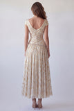 Robe formelle champagne ligne A, décolleté en V à perles imprimées et manches bonnes,