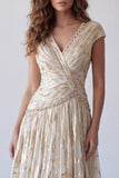 Robe formelle champagne ligne A, décolleté en V à perles imprimées et manches bonnes,