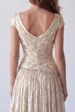 Robe formelle champagne ligne A, décolleté en V à perles imprimées et manches bonnes,