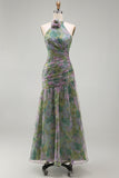 Robe longue de cérémonie longue à col nu fleuri en chiffon sauge poussiéreuse