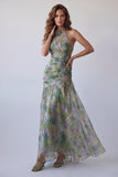 Robe longue de cérémonie longue à col nu fleuri en chiffon sauge poussiéreuse