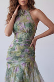 Robe longue de cérémonie longue à col nu fleuri en chiffon sauge poussiéreuse