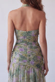 Robe longue de cérémonie longue à col nu fleuri en chiffon sauge poussiéreuse