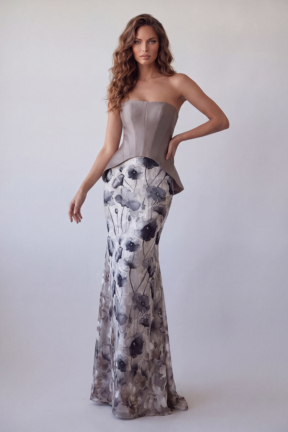 Robe longue de cérémonie longue élégante en chiffon sirène mauve en chiffon fleuri