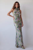 Robe formelle Maxi à manche florale en chiffon à col hul