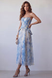 Robe formelle midi midi en chiffon bleu poussiéreux en chiffon poussiéreux sans bretelles
