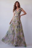 Longue robe formelle longue en mousse sauge poussiéreuse à col en V et décolleté en V