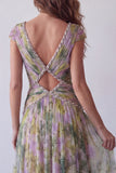 Longue robe formelle longue en mousse sauge poussiéreuse à col en V et décolleté en V
