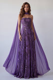 Robe longue formelle courtière en mousseline A Strap violette avec écharpe à col