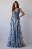 Robe longue formelle longue à fleurs en chiffon en mousseline poussiéreuse bleu A