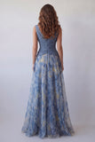 Robe longue formelle longue à fleurs en chiffon en mousseline poussiéreuse bleu A